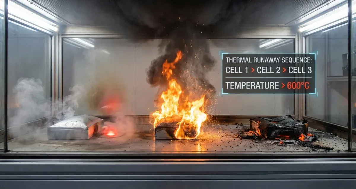 Electric vehicle battery pack showing thermal runaway stages with heat visualization and warning indicators.