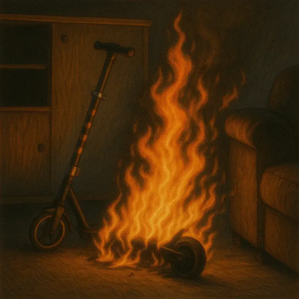 Burned remains of an e-scooter after a lithium-ion battery explosion caused a fatal apartment fire in Reims, France.