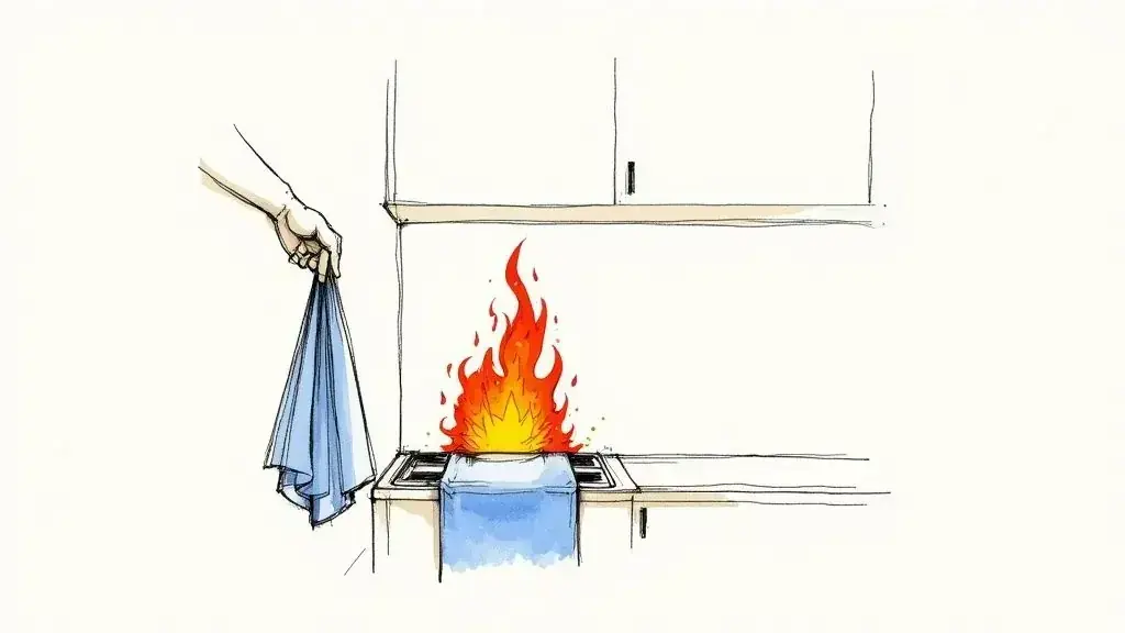 Step-by-step demonstration of how to properly use a fiberglass fire blanket