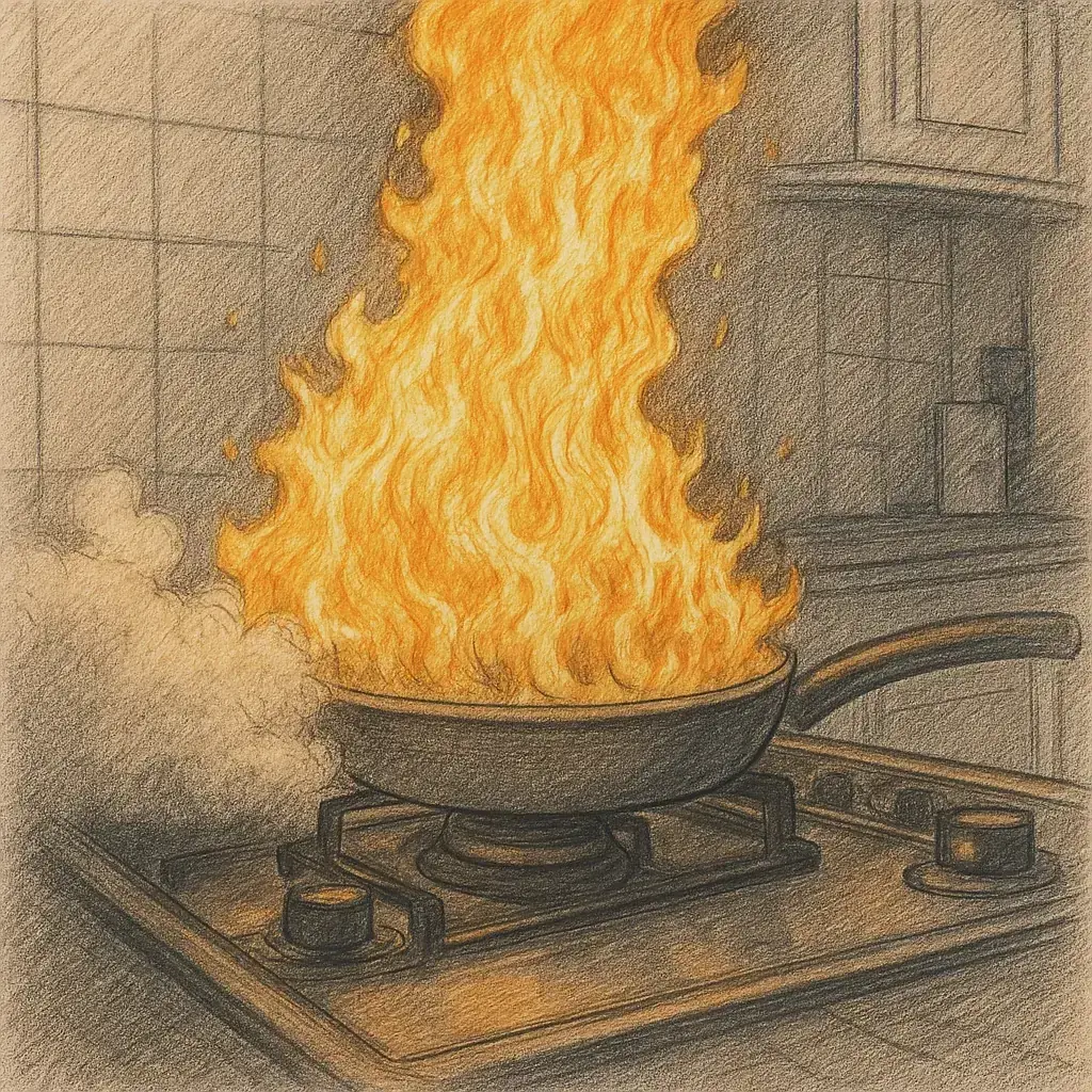 Fire blanket being used to extinguish a kitchen fire, demonstrating real-world effectiveness