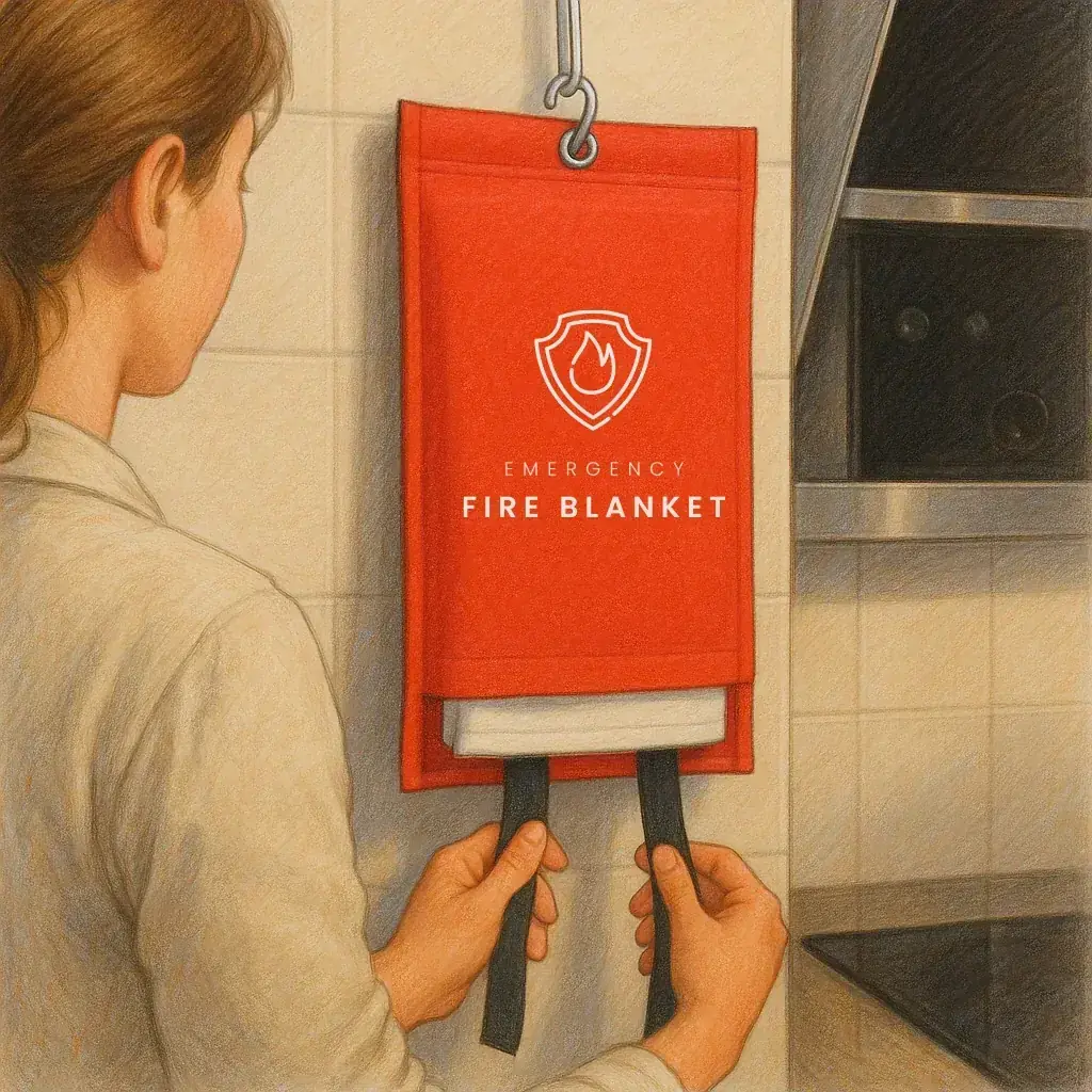 woman deploying fire blanket