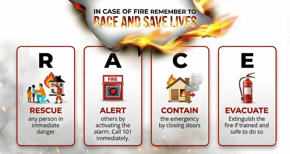 RACE acronym fire safety infographic showing Rescue, Alert, Contain, Evacuate steps for fire emergency response
