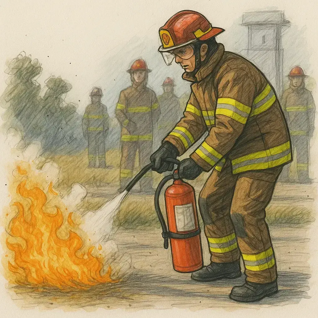 Fire extinguisher inspection showing pressure gauge and expiration indicators