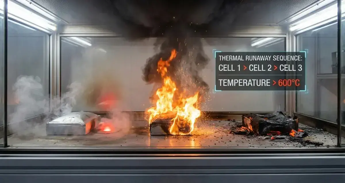 Electric vehicle battery pack showing thermal runaway stages with heat visualization and warning indicators.