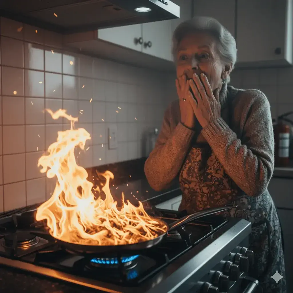 Senior experiencing kitchen fire emergency