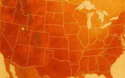 Heat map of the United States highlighting extreme summer temperatures across the country during the 2025 heatwave